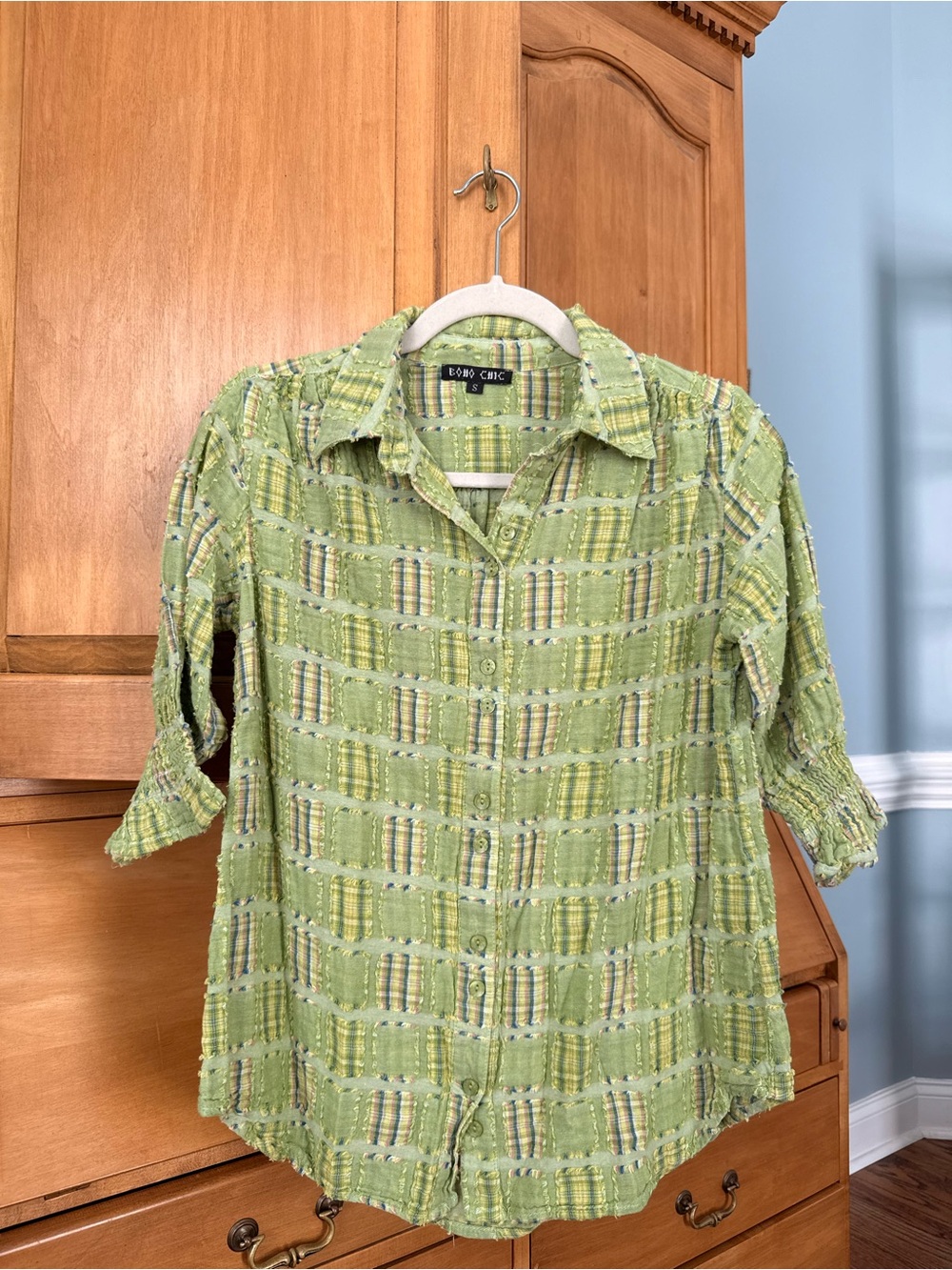 Boho Chic Green Plaid Patchwork Frayed Button Down Shirt S Cotton